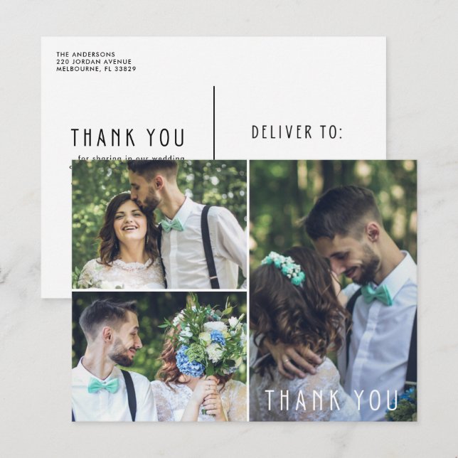 Modern Wedding Thank You Three Photo Postcard (Front/Back)