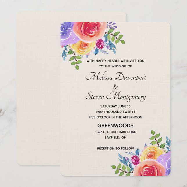 Modern Wedding Watercolor Floral Bouquet Invitation (Front/Back)
