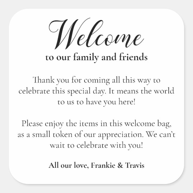 Modern Wedding Welcome Gift Bag Basket Square Sticker (Front)