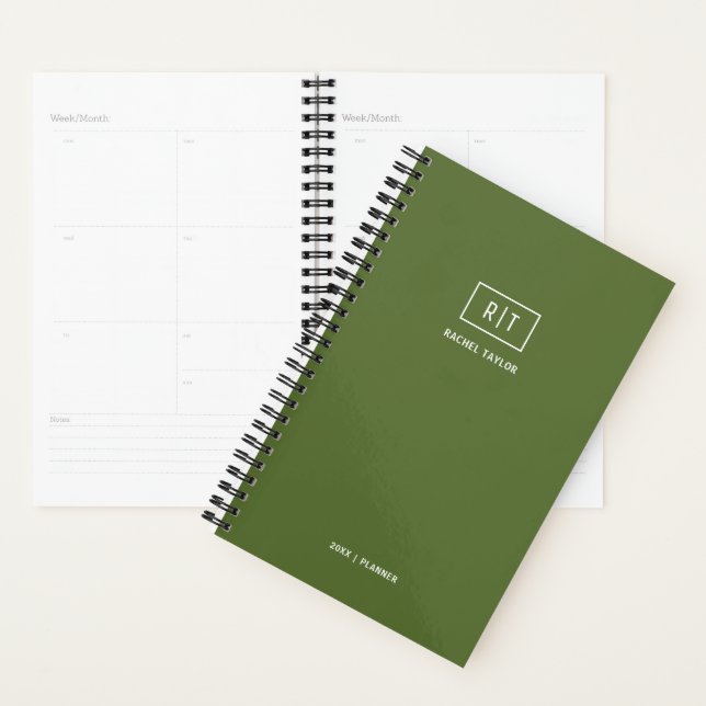 Modern Weekly Monthly Dark Olive Green Monogram Planner (Display)