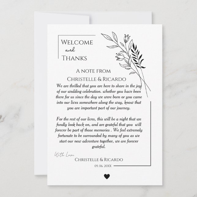Modern welcome and thank you wedding guest table  card (Front)