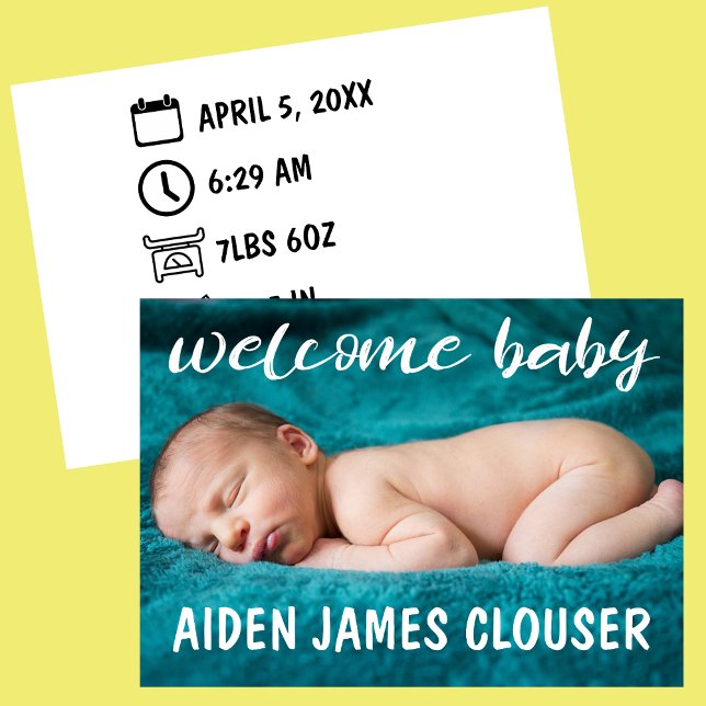 Modern Welcome Baby Birth Announcement (Welcome Baby Modern Birth Announcement Card with Birth Icons )