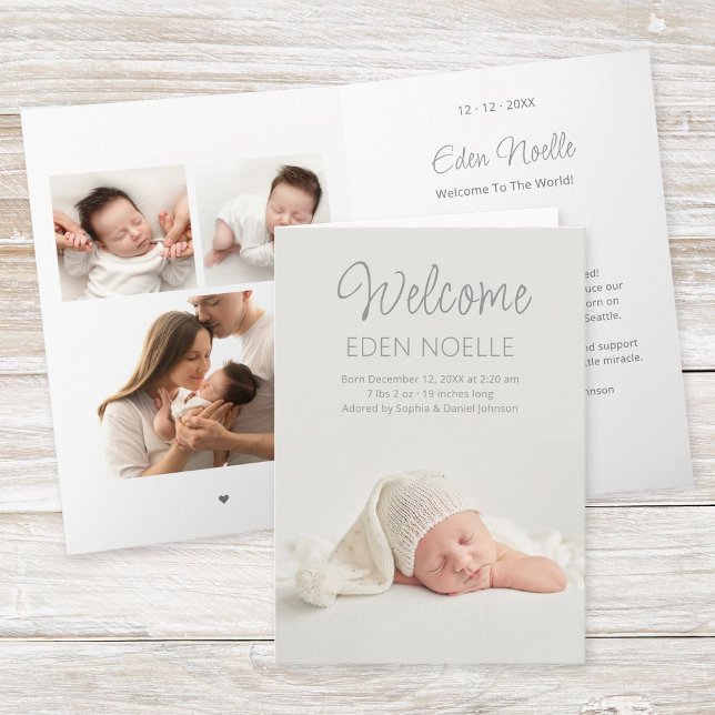 Modern Welcome Birth Announcement  Folded Card (Folded birth announcement card with 3 photo collage and text for family and friends inside in gray.)