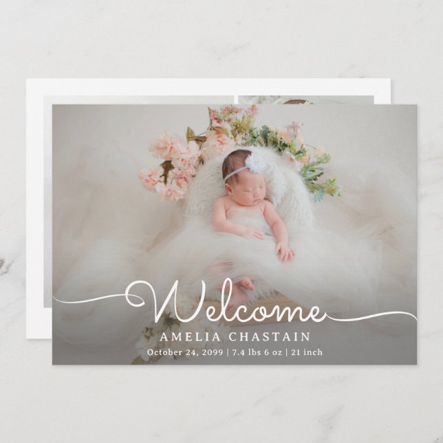Modern Welcome Calligraphy 4 Photo Baby Birth Announcement (Front/Back)