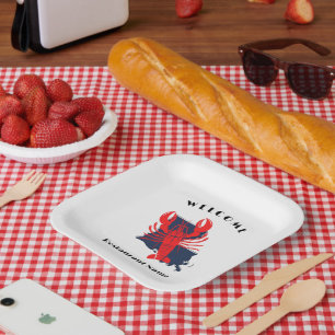Modern welcome crawfish Louisiana custom name Paper Plate