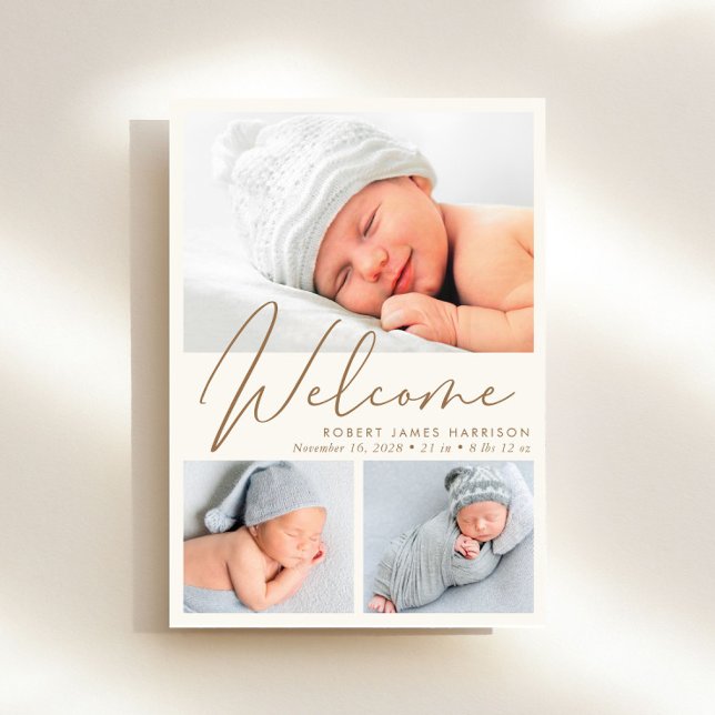 Modern Welcome Cream Gold 4 Photo Birth Announcement (Announce the arrival of your precious baby in a way that is as beautiful and unique as they are)