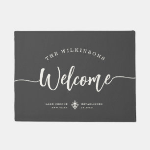 Modern Welcome Family Name Brush Script Gray Doormat