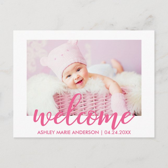 Modern Welcome New Baby Announcement Hot Pink Postcard (Front)