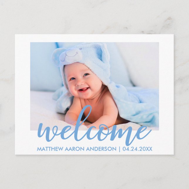 Modern Welcome New Baby Boy Announcement Blue (Front)