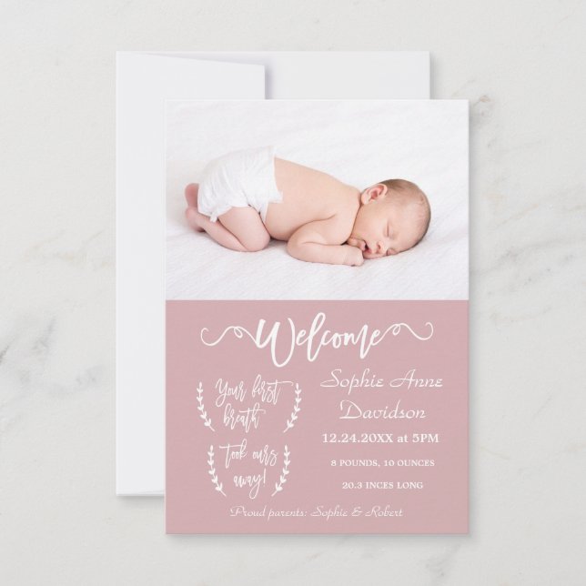 Modern Welcome Photo Baby Girl Birth Announcement (Front)