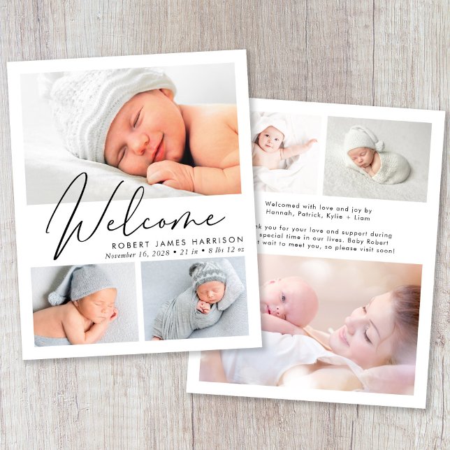 Modern Welcome Photo Collage Birth Announcement (Announce the arrival of your precious baby in a way that is as beautiful and unique as they are)