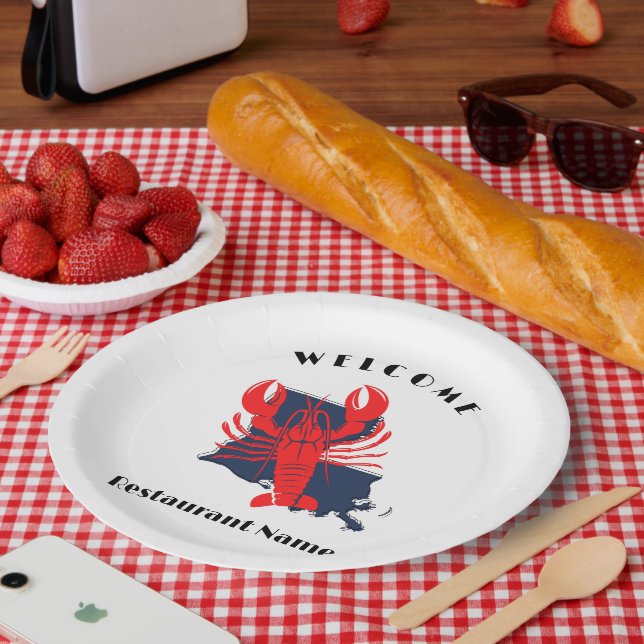 Modern welcome red crayfish Louisiana custom name Paper Plate (Picnic)