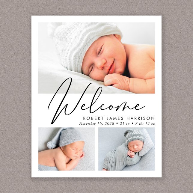Modern Welcome Script 4 Photo Birth Announcement (Creator Uploaded)