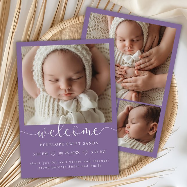 Modern Welcome Script 4 Photo Birth Announcement (Creator Uploaded)