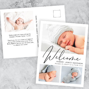 Modern Welcome Script 4 Photo Birth Announcement Postcard