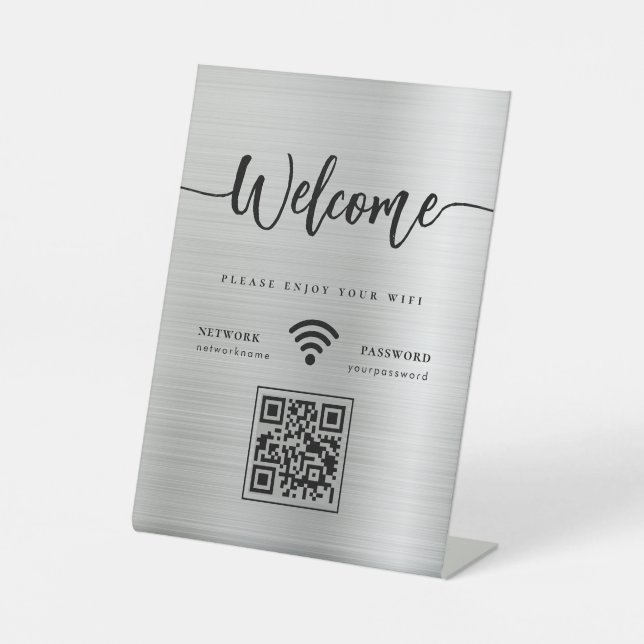 Modern Welcome Script WIFI QR Code Silver Metal Pedestal Sign (Front)