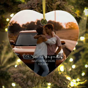 Modern We're Engaged Heart Engagement photo Ceramic Tree Decoration
