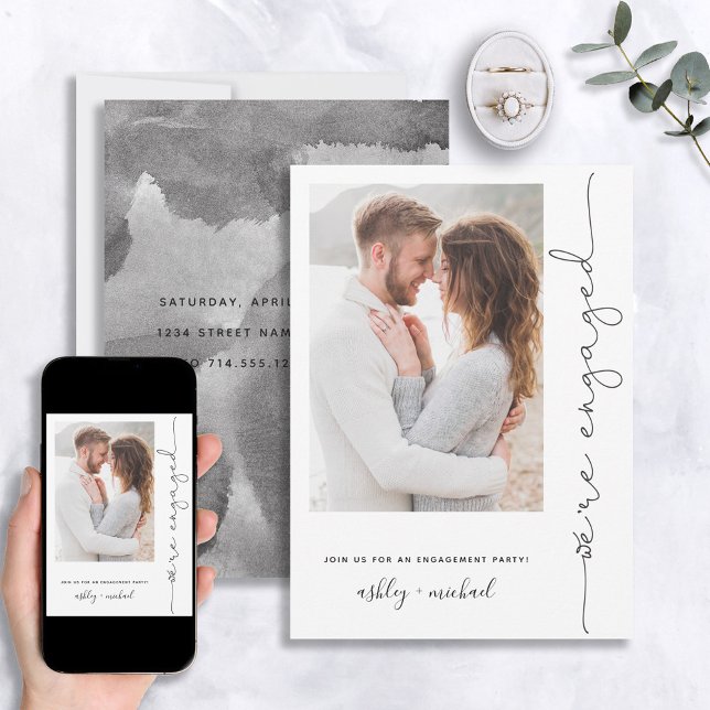 Modern We're Engaged Script Type Photo Invitation (Creator Uploaded)