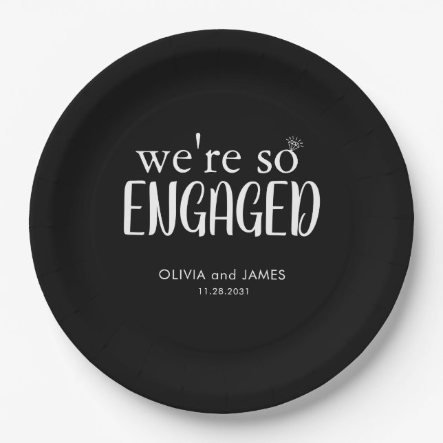 Modern We're So Engaged Diamond Ring Engagement Paper Plate (Front)