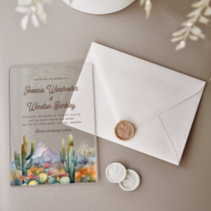 Modern Western Brown Desert Cactus Landscape Acrylic Invitations
