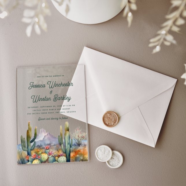 Modern Western Teal Green Desert Cactus Landscape Acrylic Invitations (Creator Uploaded)