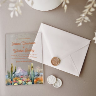 Modern Western Terracotta Desert Cactus Landscape  Acrylic Invitations