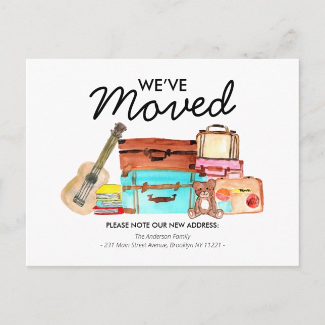 Modern We've Moved Cute Watercolor Luggage Moving Announcement Postcard (Front)