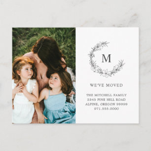 Modern We've Moved Photo Botanical Monogram Announcement Postcard