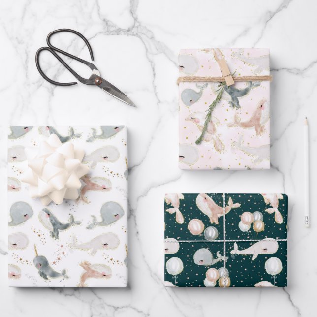 Modern Whale Theme Party Gift Wrapping Paper Sheet (Front)