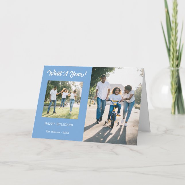 Modern What A Year 3 Photo Light Blue Holiday Card (Front)
