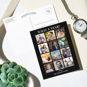 Modern What A Year In Review 12 Photo Collage Holiday Postcard