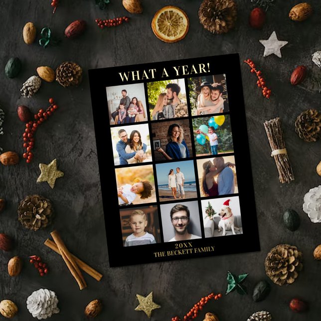 Modern What A Year In Review 12 Photo Collage Real Foil Holiday Card (Creator Uploaded)