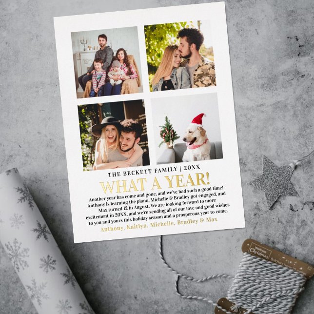Modern What A Year In Review 4 Photo Collage Real Foil Holiday Postcard (Creator Uploaded)