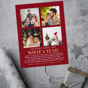 Modern What A Year In Review 4 Photo Collage Real Foil Holiday Postcard