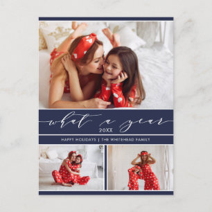 Modern What a Year Navy Blue 3 Photo Collage Holiday Postcard