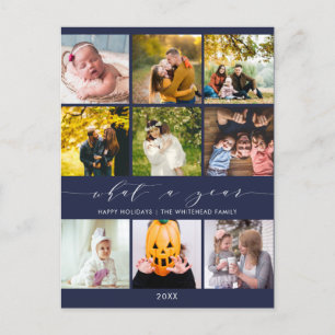 Modern What a Year Navy Blue Photo Collage Holiday Postcard