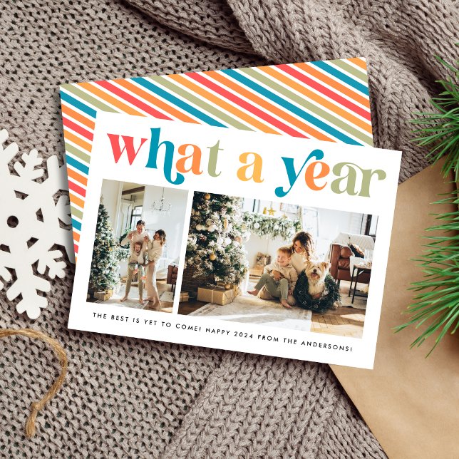 Modern What a Year Retro Colourful 2 Photo Holiday Card (Creator Uploaded)