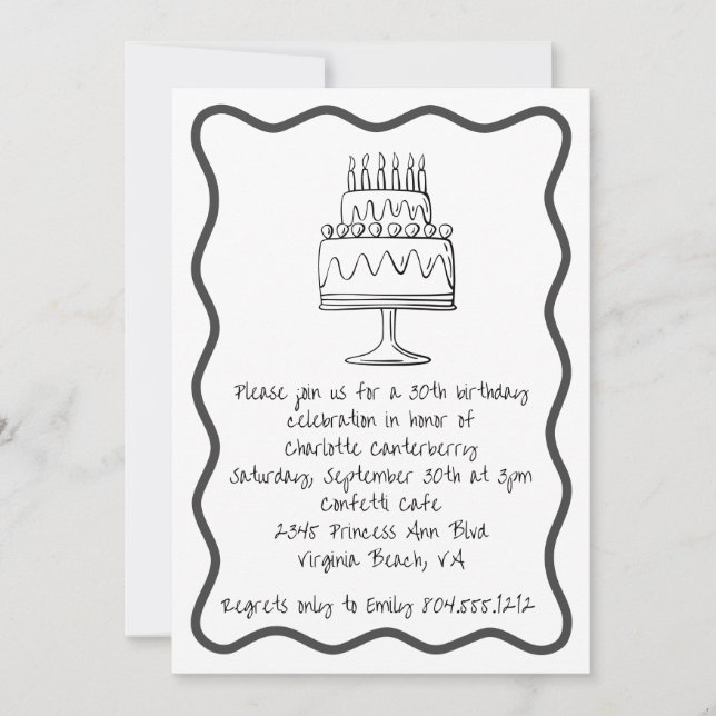 Modern Whimsical Birthday Cake Doodle Party  Invitation (Front)