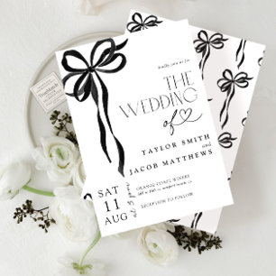 Modern Whimsical Black Bow Watercolor Wedding Invitation