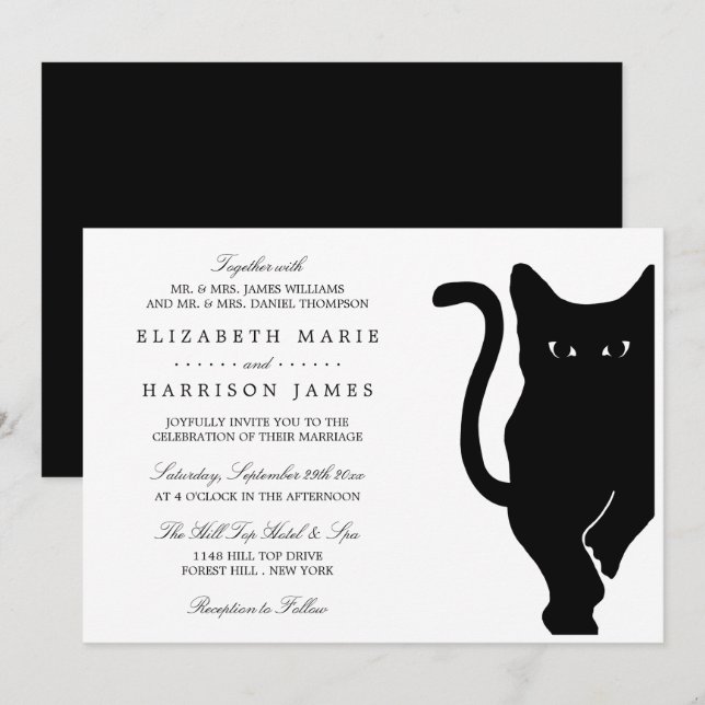Modern Whimsical Black Cat Wedding Invitation (Front/Back)