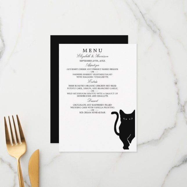 Modern Whimsical Black Cat Wedding Menu (Front/Back In Situ)