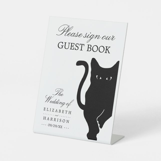 Modern Whimsical Black Cat Wedding Pedestal Sign (Front)