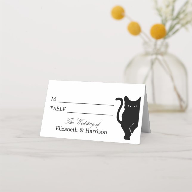 Modern Whimsical Black Cat Wedding Place Card (Front)