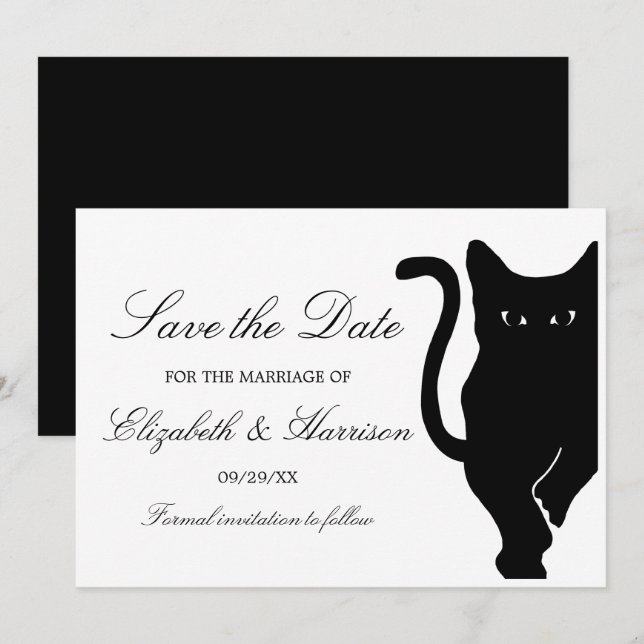 Modern Whimsical Black Cat Wedding Save The Date (Front/Back)
