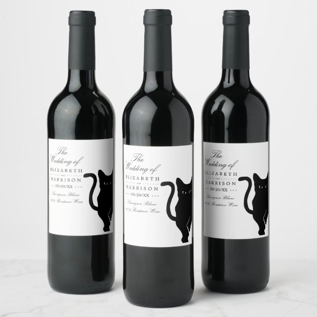 Modern Whimsical Black Cat Wedding Wine Label (Bottles)