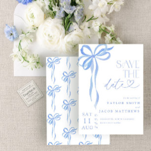 Modern Whimsical Blue Bow Watercolor Save the Date Invitation