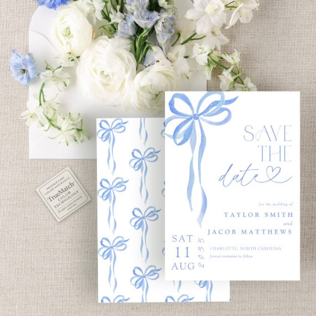 Modern Whimsical Blue Bow Watercolor Save the Date Invitation (Creator Uploaded)