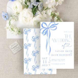 Modern Whimsical Blue Bow Watercolor Wedding Invitation