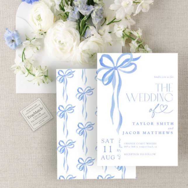 Modern Whimsical Blue Bow Watercolor Wedding Invitation (Creator Uploaded)