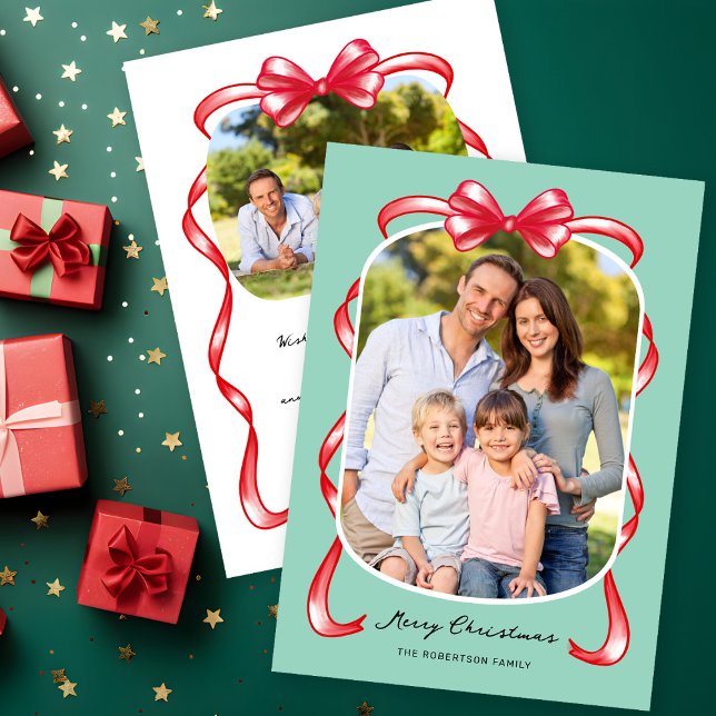 Modern Whimsical Bow Curved 2 Photo Christmas Holiday Card (Creator Uploaded)